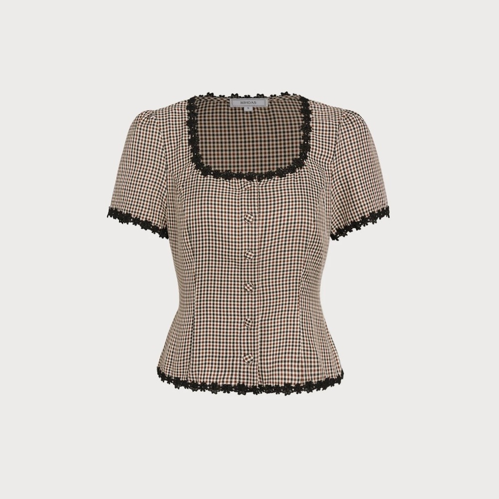 Coffee Square Neck Plaid Blouse - Picture 6 of 9